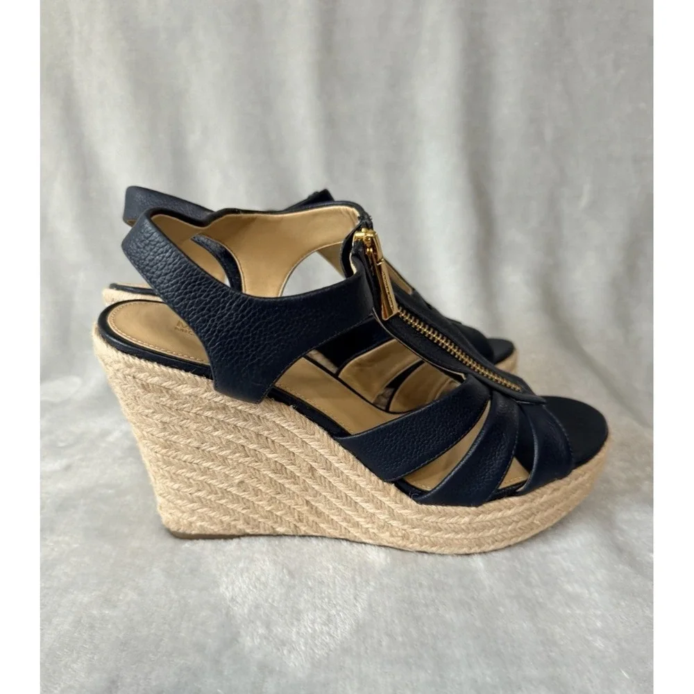 Michael Kors Sandals SZ 8 Platform Espadrilles Heels Blue Leather NEW Canvas - Picture 4 of 9